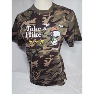 L.L. Bean X Peanuts Womens S T Shirt Snoopy Woodstock Green Camo Take A Hike